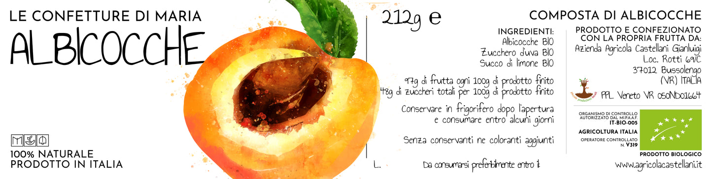 Label of Agricola Castellani Organic Apricot Marmalade, showcasing 100% Italian cherries, organic ingredients, and natural grape sugar sweetening