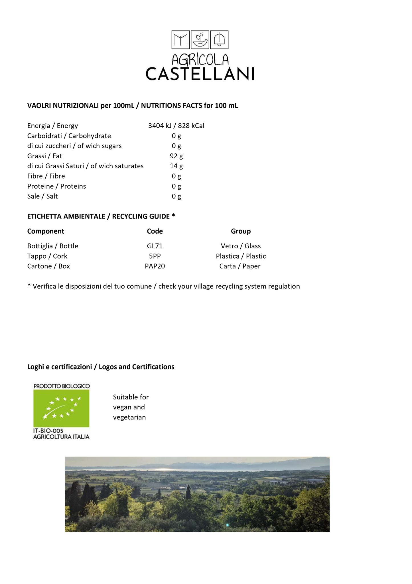 Agricola Castellani product label with nutritional facts and recycling information.