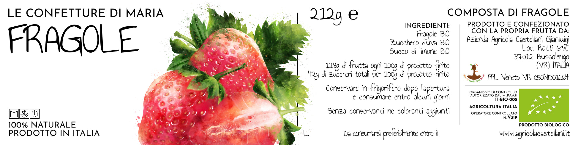 Label of Agricola Castellani Organic Strawberries Marmalade, showcasing 100% Italian cherries, organic ingredients, and natural grape sugar sweetening